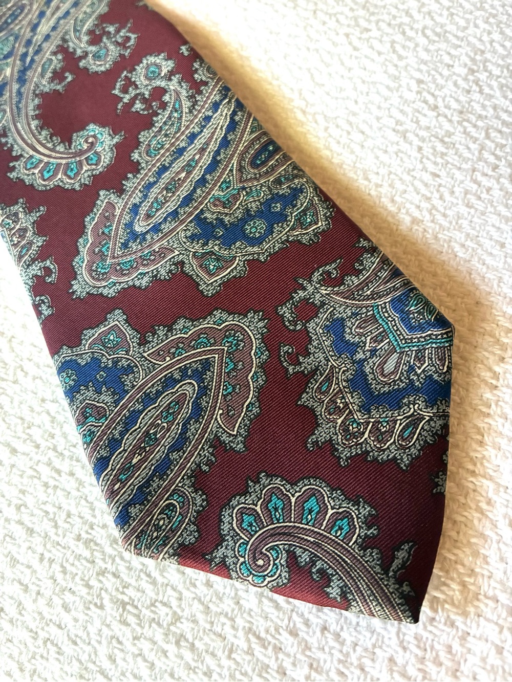Lands' End 100% Silk Burgundy Paisley Silk Tie with Blue and Teal Accents
